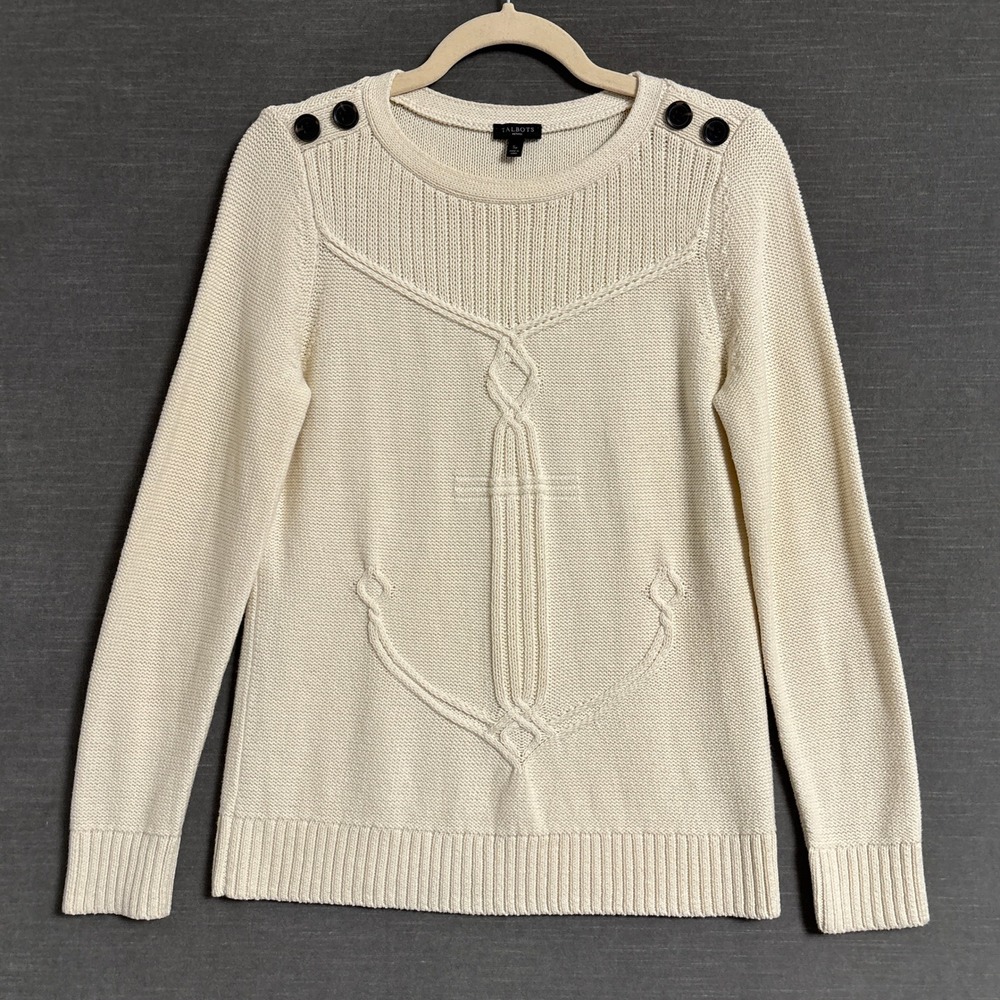 Talbots Sweater S Petite Cream Cotton Anchor Buttons Nautical Preppy Classic